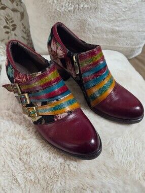 Socofy Multicolor Floral  Strap Block Heel Shoes  Burgundy Accent. Sz 39 Or 81/2
